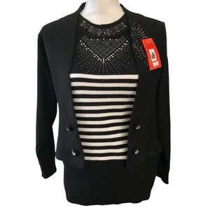 NWT LINA BRAND Beaded Bling Striped Black White Tunic Top Woman’s SIZE M